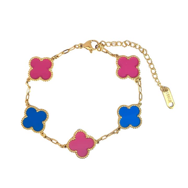 Double Sided Light Blue and Fuchsia Four Leaf Clover Bracele for wholesale by Byzantium Collection Ltd