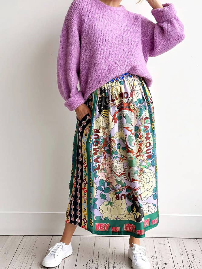 UNISHE - Wholesale Top & Skirt Set - Women's - Flower Dragon Print Button Up Shirt and Skirt Set JRM058