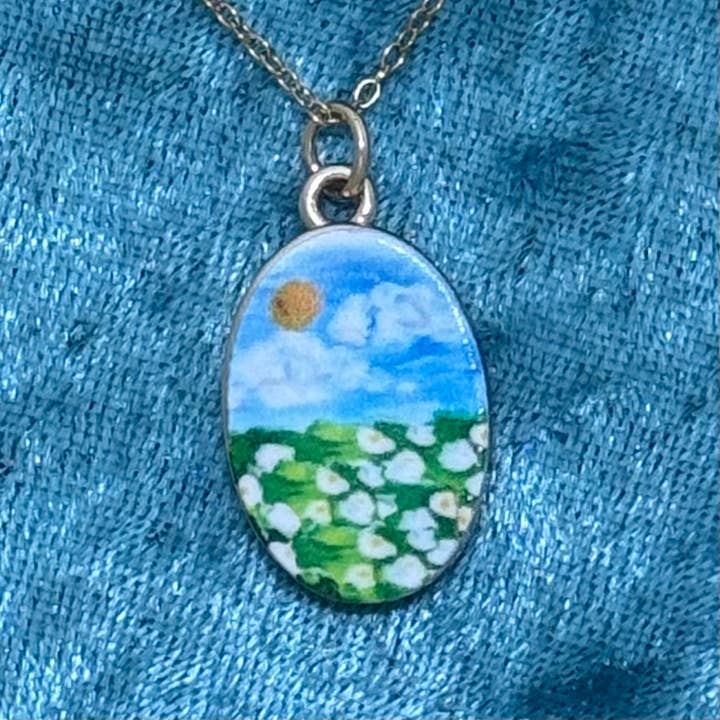 Gold oval colorful landscape 18" necklace for wholesale by Elizabeth Jewelry