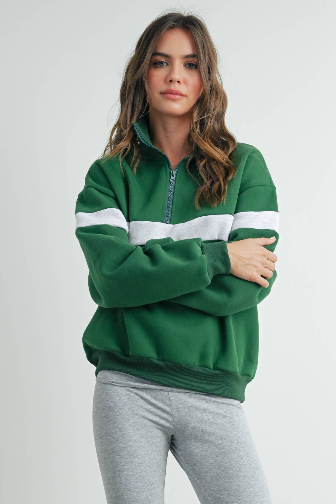 BUTTERMELON - Wholesale Sweatshirt - Women's - Two-Toned Half Zip Collar Sweatshirt - BMT753549
