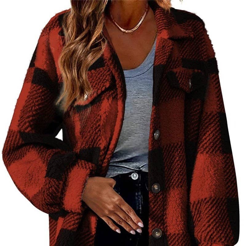 FurDecoration - Wholesale Jacket - Women's - Pocketed Plush Checkered Jacket0