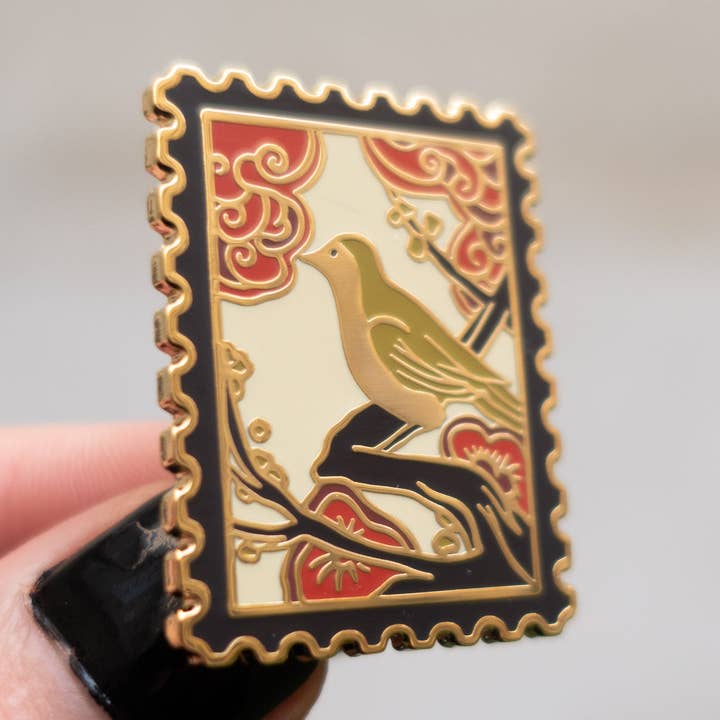 Japanese Hanafuda Stamp Enamel Pin – Bush Warbler Bird for wholesale by Kabujiro