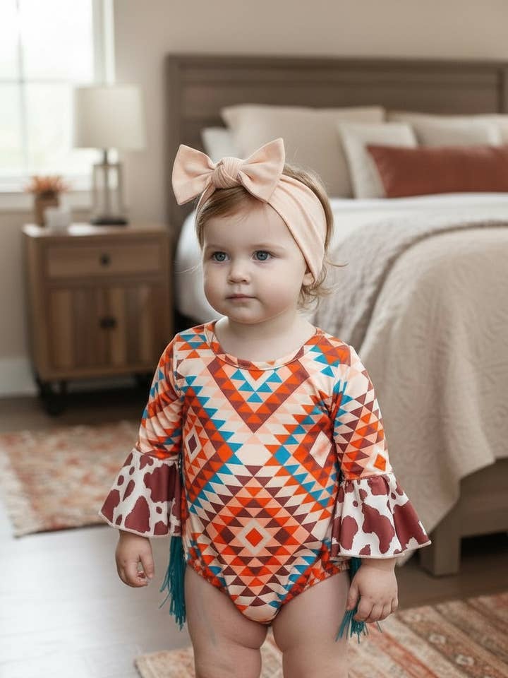 Aztec & cow printed girls baby bodysuit with bell sleeves. RPG51902 AMY for wholesale by Kids Charm Online