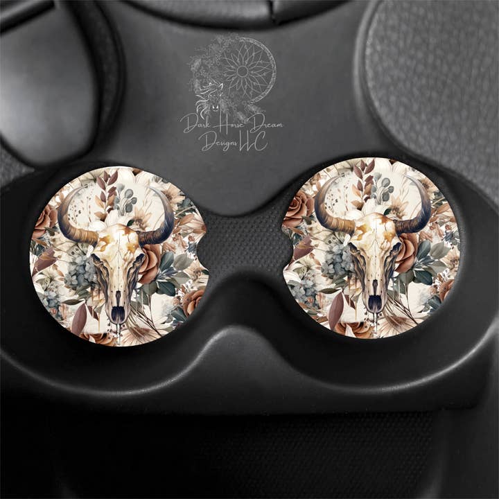 Boho Cow Cattle Skull Car Coasters for wholesale by Dark Horse Dream Designs LLC