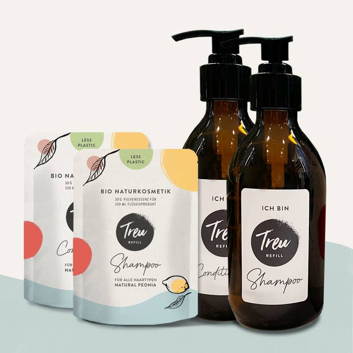 Bio Naturkosmetik Shampoo + Conditioner mit Glasflasche für den Großhandel von Treu-Refill