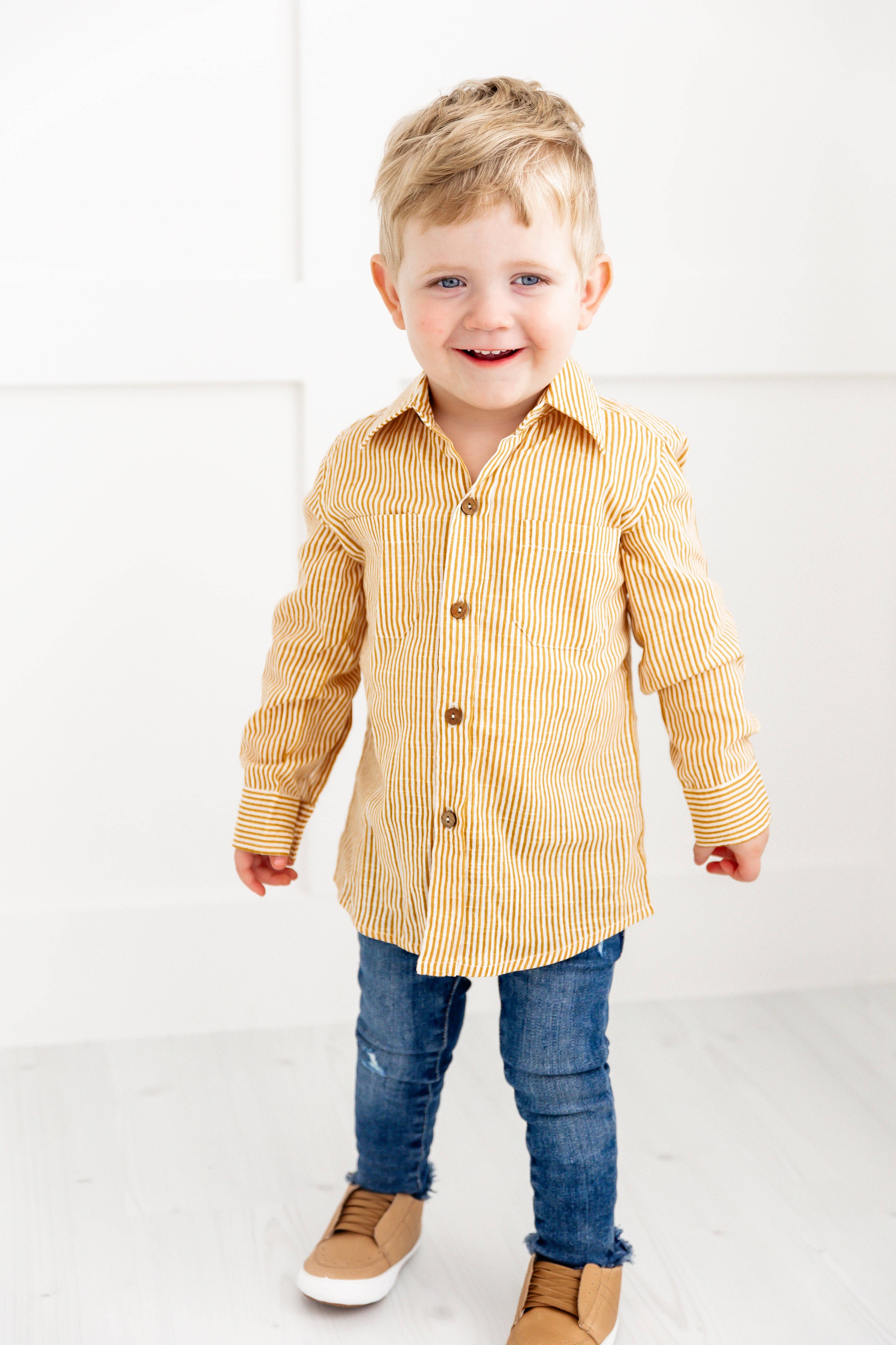 Yo Baby - Wholesale Button Down Shirt - Kids - Mustard Stripes Printed Boys Shirts12