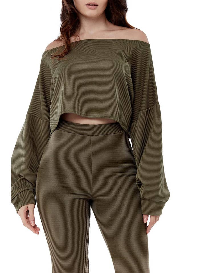 AVINCI – wholesale Top & pants set (NOT Loungewear) – Women's – Ribbed Two-Piece Off-the-Shoulder Crop Top Wide Leg Trouser Set10