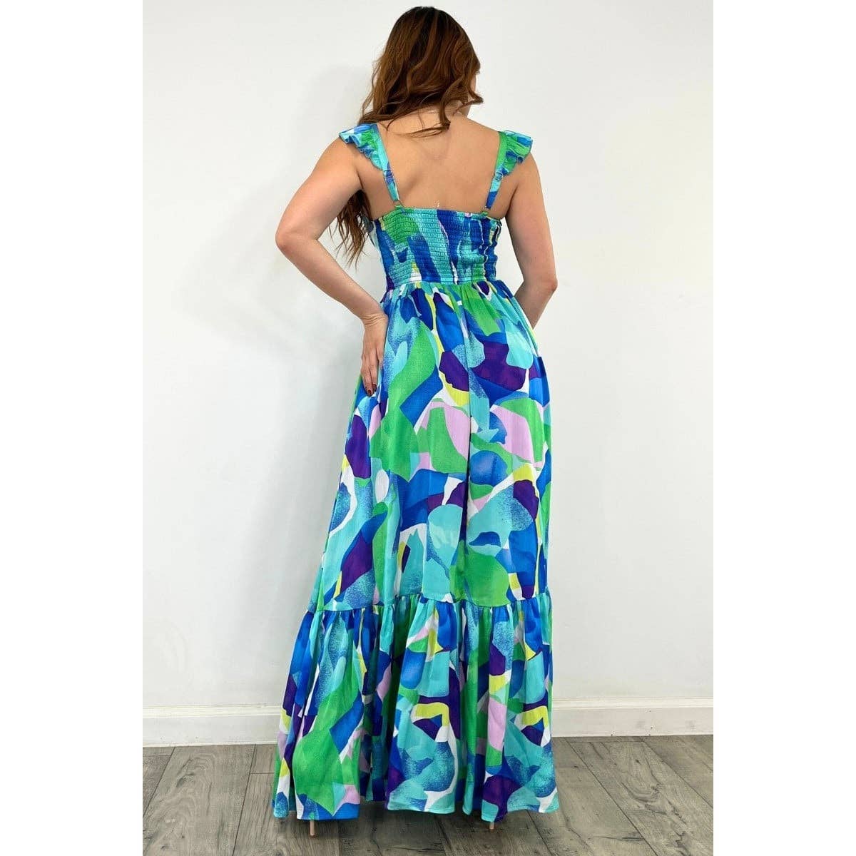 Esmeray Clothing - Wholesale Dress - Women's - Smocked Back Print Maxi Dress with Adjustable Straps1