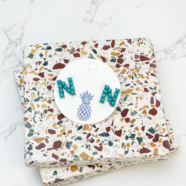 Prep Obsessed Wholesale - Wholesale Stud/Post Earrings - Semi-Precious Turquoise Initial Post Earrings9