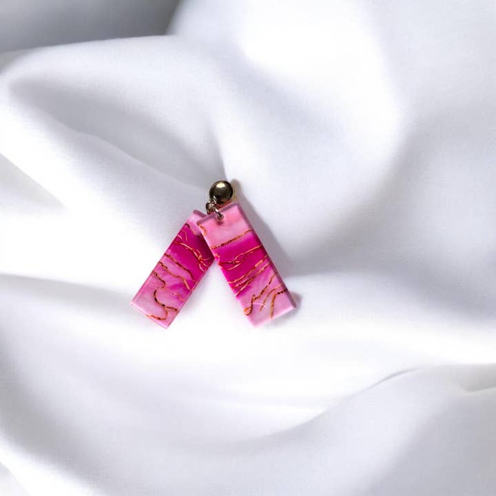 Fish Towne Designs, LLC - Wholesale Dangle Earrings - Pink Marbled Acrylic Statement Earrings with Gold Accents