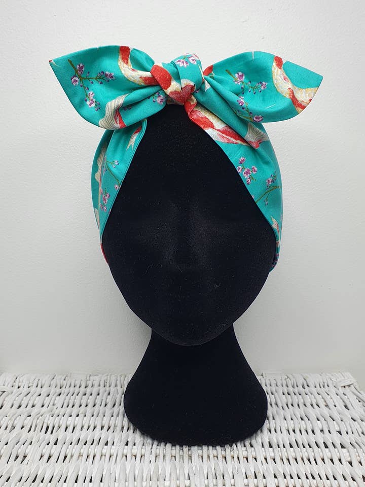 Turquoise koi carp fish cotton Headscarf hair wrap Dolly for wholesale by Aye Aye