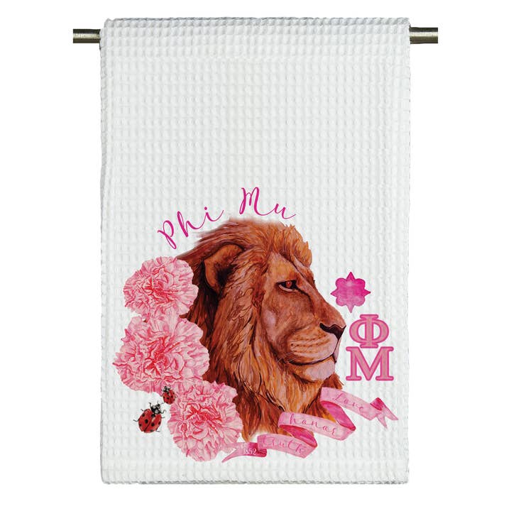 Phi Mu Microfiber Tea Towel for wholesale by Moss & Marsh