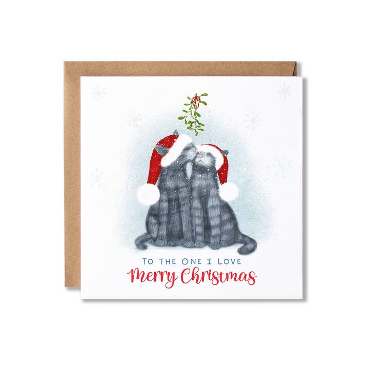 A couple of Grey Tabby Cats Kissing Under Mistletoe Card for wholesale by Badgerbee Design