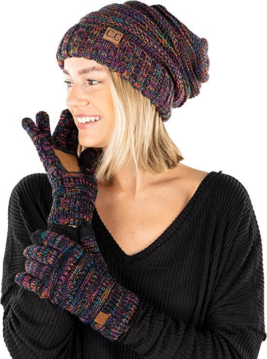 Wholesale Oversized Slouchy Beanie Gloves Black Multi #32