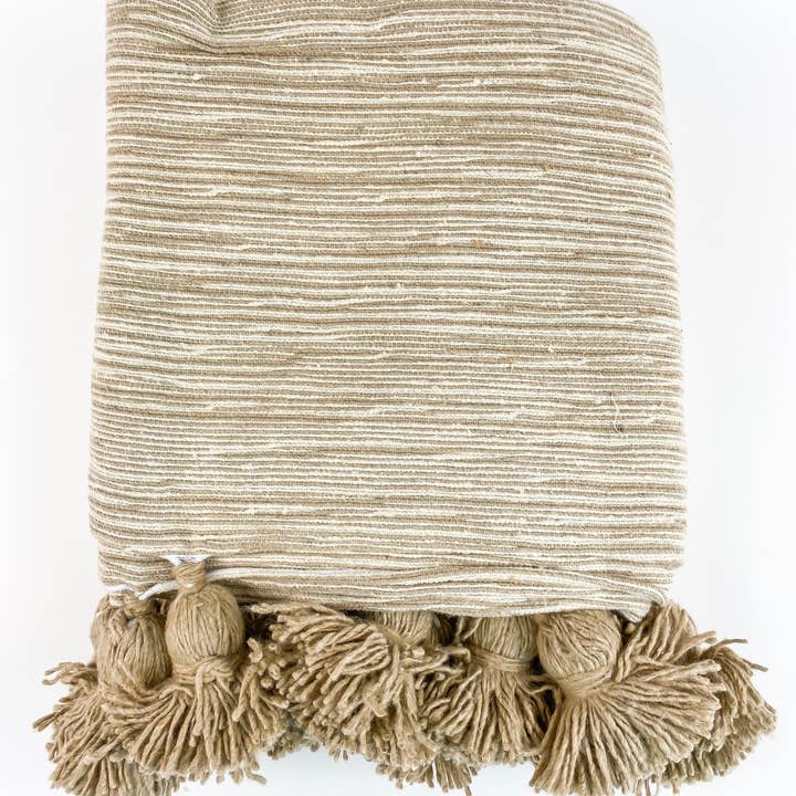 Eclectic Collective - Wholesale Throw Blanket - Pom-Pom Blanket in Tan/Cream2