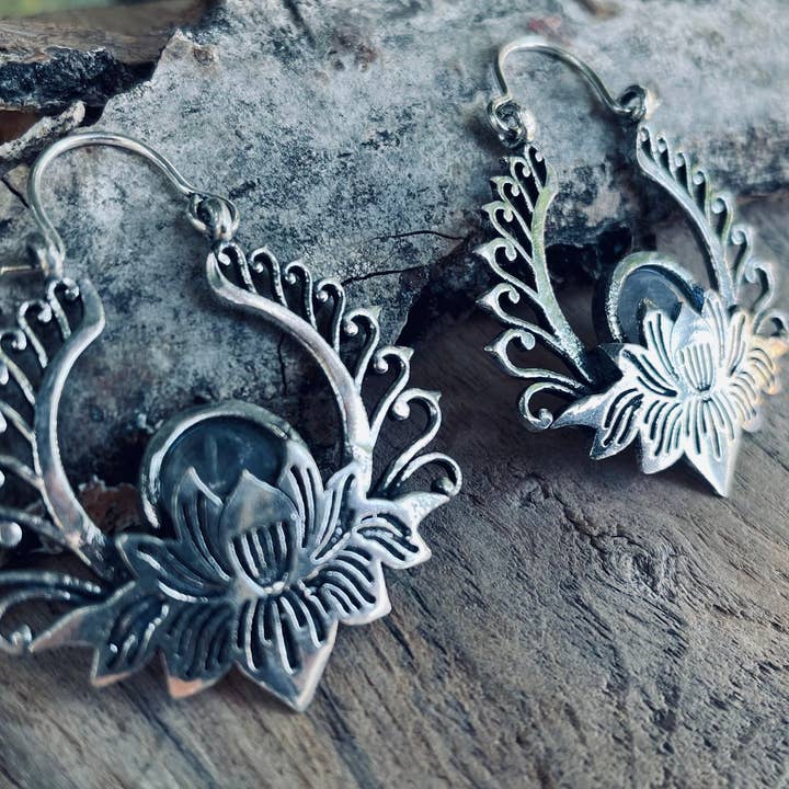 Kaali Boutique - Wholesale Hoop Earrings - Silver Lotus Flower Moonstone Earrings rustic, yoga, hippie, gypsy, pretty, psy, boho, bohemian, festival8