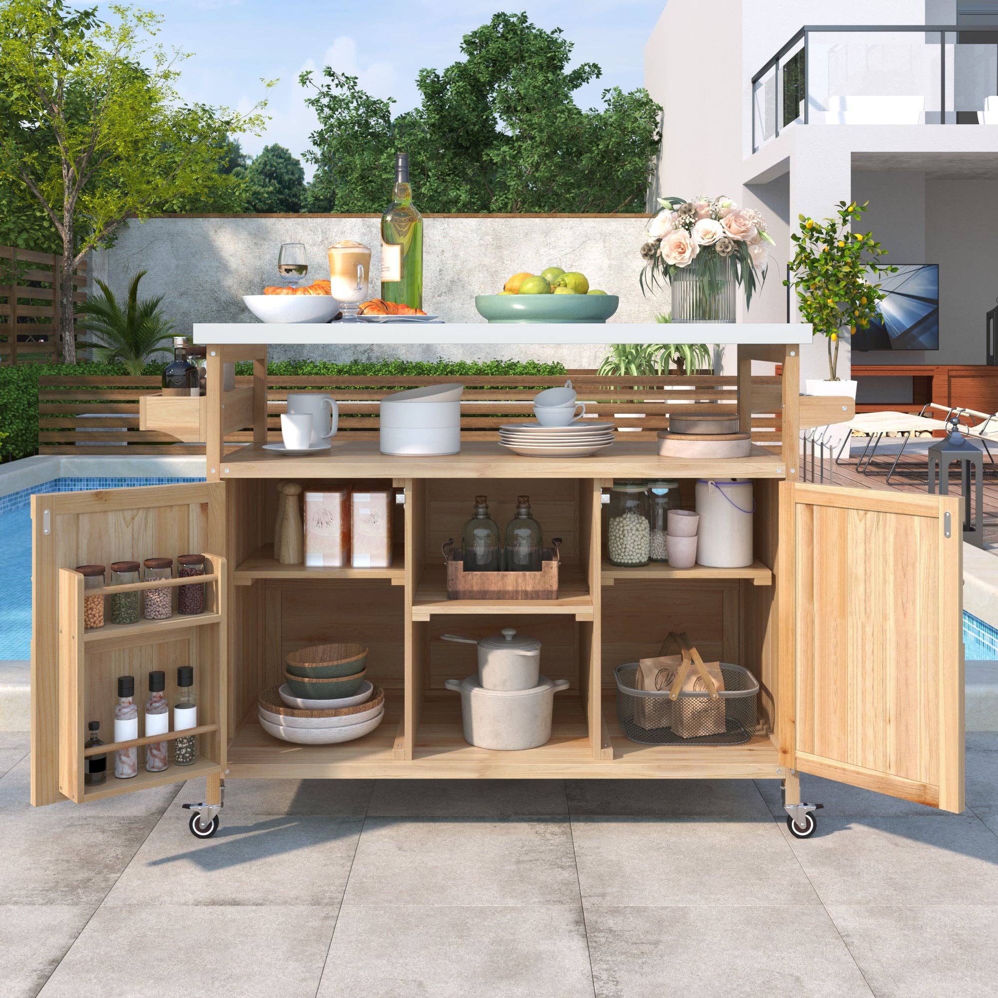 Orange County Decor - Wholesale Outdoor Grill Tools - K&K Outdoor Kitchen Island, Rolling Bar Cart & Storage Cabinet, Farmhouse Solid Wood Outdoor Grill Table With Stainless Steel Top, Spice Racktowel Rack For Kitchen & Bbqnatural Natural Garden &1