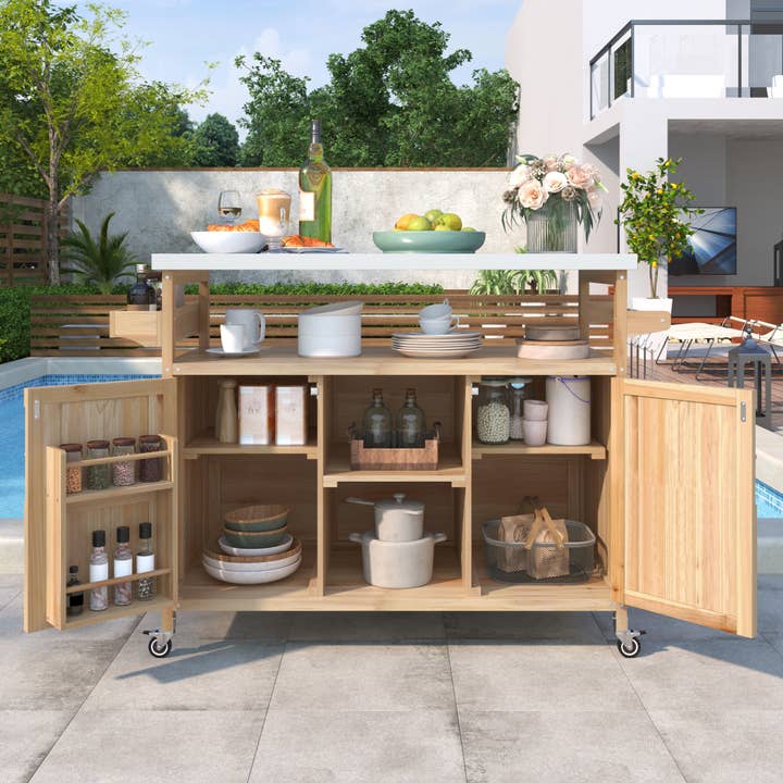 Orange County Decor - Wholesale Outdoor Grill Tools - K&K Outdoor Kitchen Island, Rolling Bar Cart & Storage Cabinet, Farmhouse Solid Wood Outdoor Grill Table With Stainless Steel Top, Spice Racktowel Rack For Kitchen & Bbqnatural Natural Garden &1