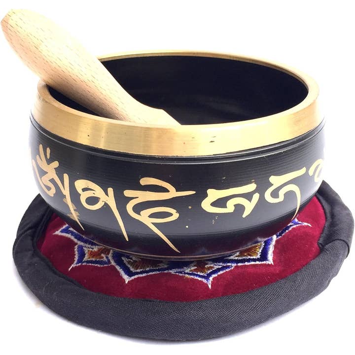 OMA - Eclectic Home - Wholesale Meditation Supplies - Singing Bowl Set Chakra Design Tibetan Brass Bowl - Black2