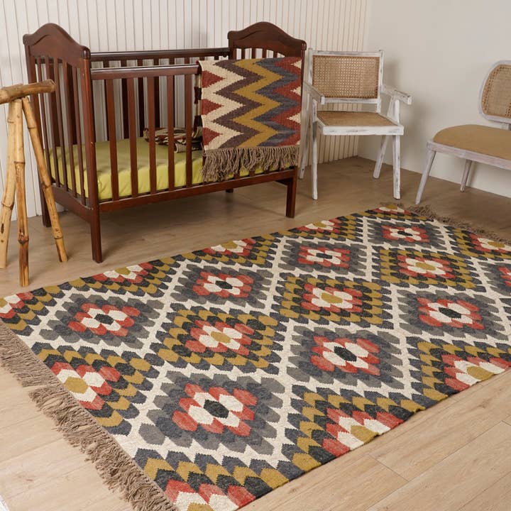 Uldtæppe i jute, stort kilimtæppe, håndlavet jutetæppe, boheme dekorationstæppe for engroshandel hos Chouhan Rugs