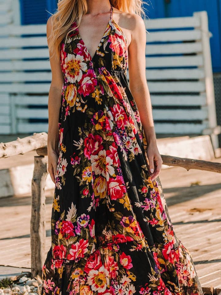 Cotton Maxi Dress, Black Floral Maxi Dress, Boho Cotton Long Sleeveless Sexy Dress, Summer Maxi Dress For Women Gift, Ibiza Dress for wholesale by Miss Kitsch