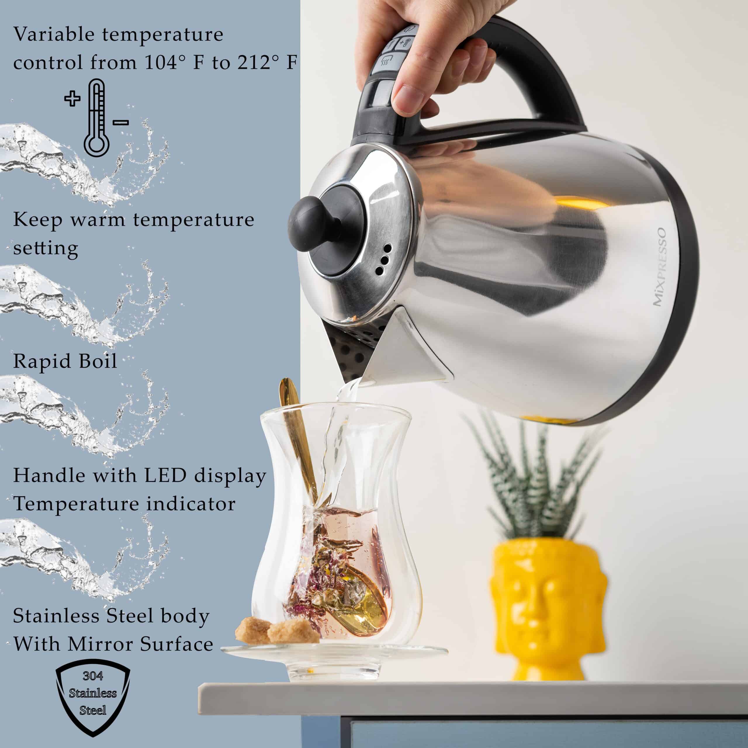 Mixpresso - Vente Bouilloires électriques - Bouilloire Électrique Mixpresso avec Contrôle de Température, Bouilloire Électrique pour Eau Chaude, Sans Fil, Capacité de 1 Litre, Maintien au Chaud & Indicateur LED, Arrêt Automatique, Protection Contre l'Ébullition à Sec, Bouilloire Électrique en Acier Inoxydable4