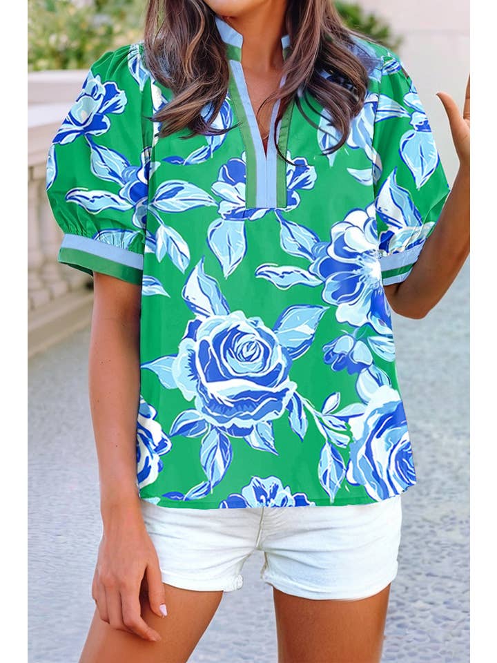 Bright Green LDC V Neck Rose Floral Print Top for wholesale on Faire