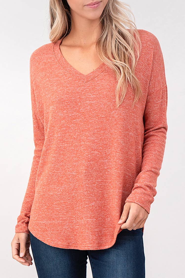 Heimious - Wholesale Knit Top - Women's - Long Sleeve V-neck Brushed Knit Top, 273872