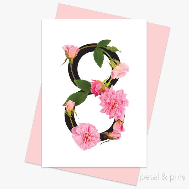 Carte de voeux florale Celebration Roses Number 8 pour la vente par petal & pins