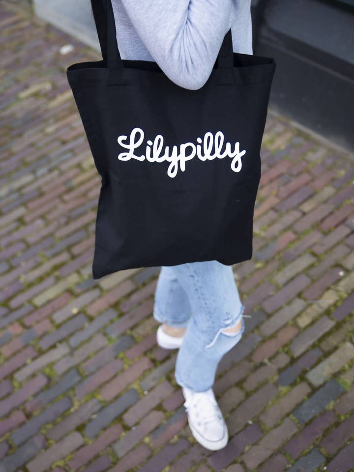 Sacola de algodão preto com arte impressa Lilypilly por atacado de Lilypilly