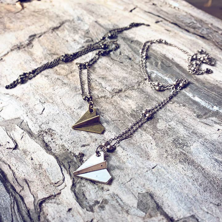 aviator // paper airplane pendant necklace for wholesale by Peacock & Lime