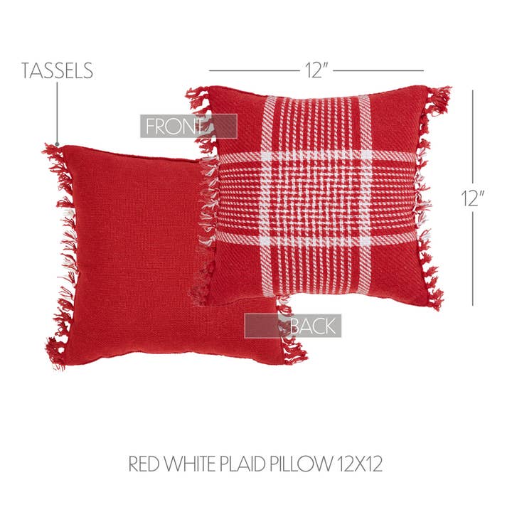 VHC Brands - Wholesale Throw/Decorative Pillow - Eston Red White Plaid Pillow Fringed 12x12