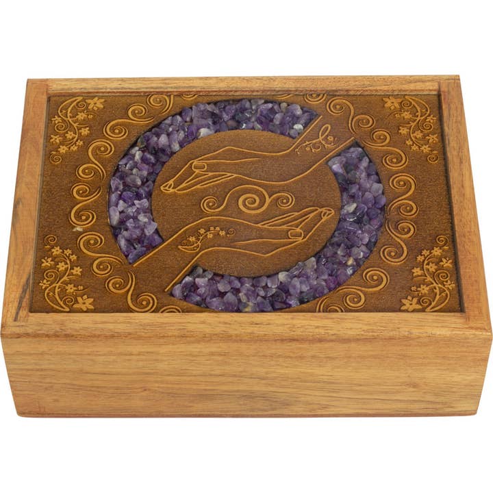 Velvet Lined Laser Etched Wooden Box - Healing Hands for wholesale by Kheops International