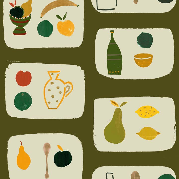 Naive Fruit Wallpaper - Dark Olive for wholesale by Sharon Jane Studio
