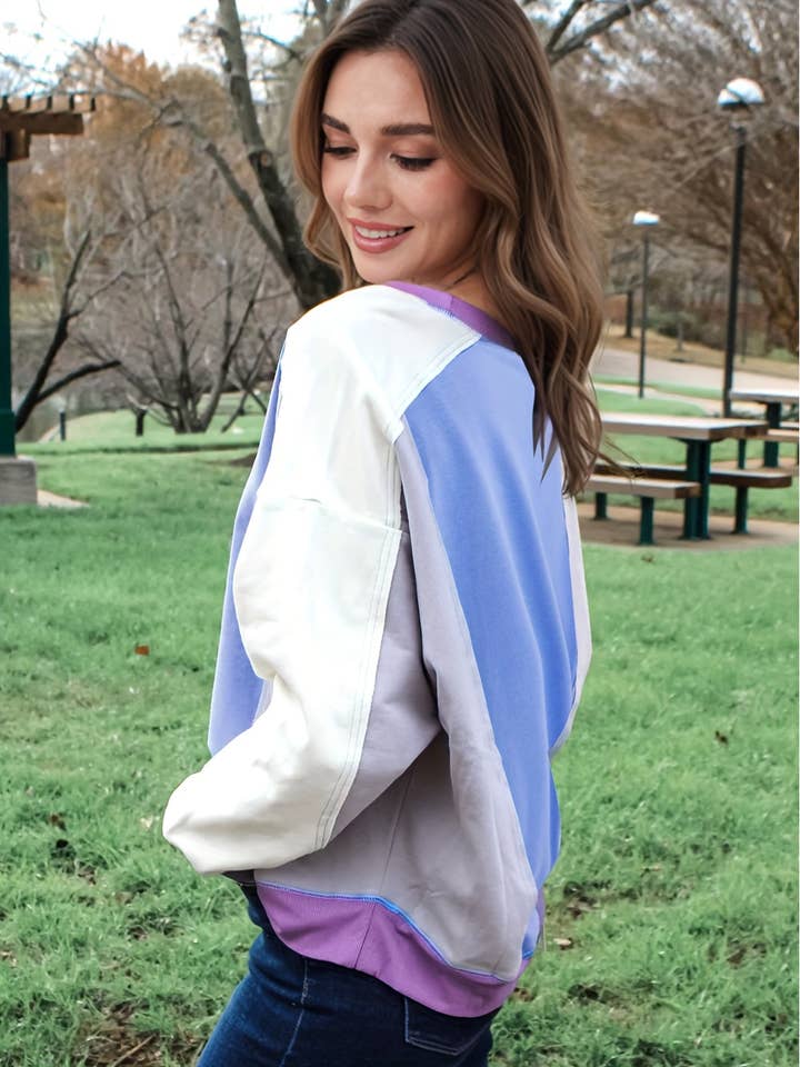 Blue Exposed Seam Colorblock Ribbed Trim Pullover Sweatshirt for wholesale on Faire9