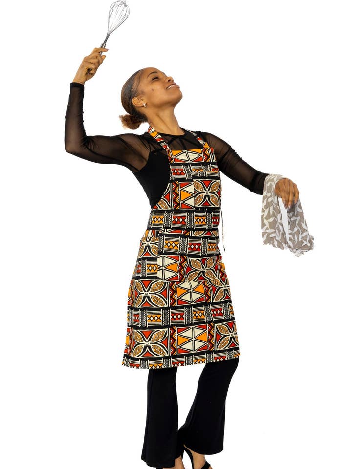 Avental de estampa africana - Símbolos Bogolan Vermelho Laranja por atacado de AfricanFabs