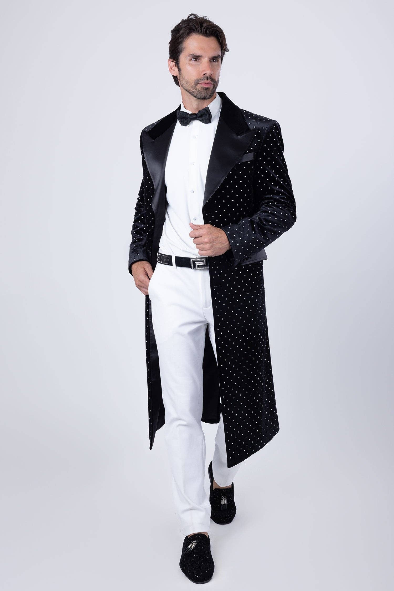 BARABAS - Wholesale Coat - Men's - Men's Rhinestone Velvet Peak Lapel Long Coat 4LBL496