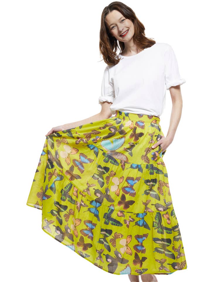Dizzy-Lizzie - Vente Jupe – femme - Jupe Woodstock en chartreuse ornée de papillons1