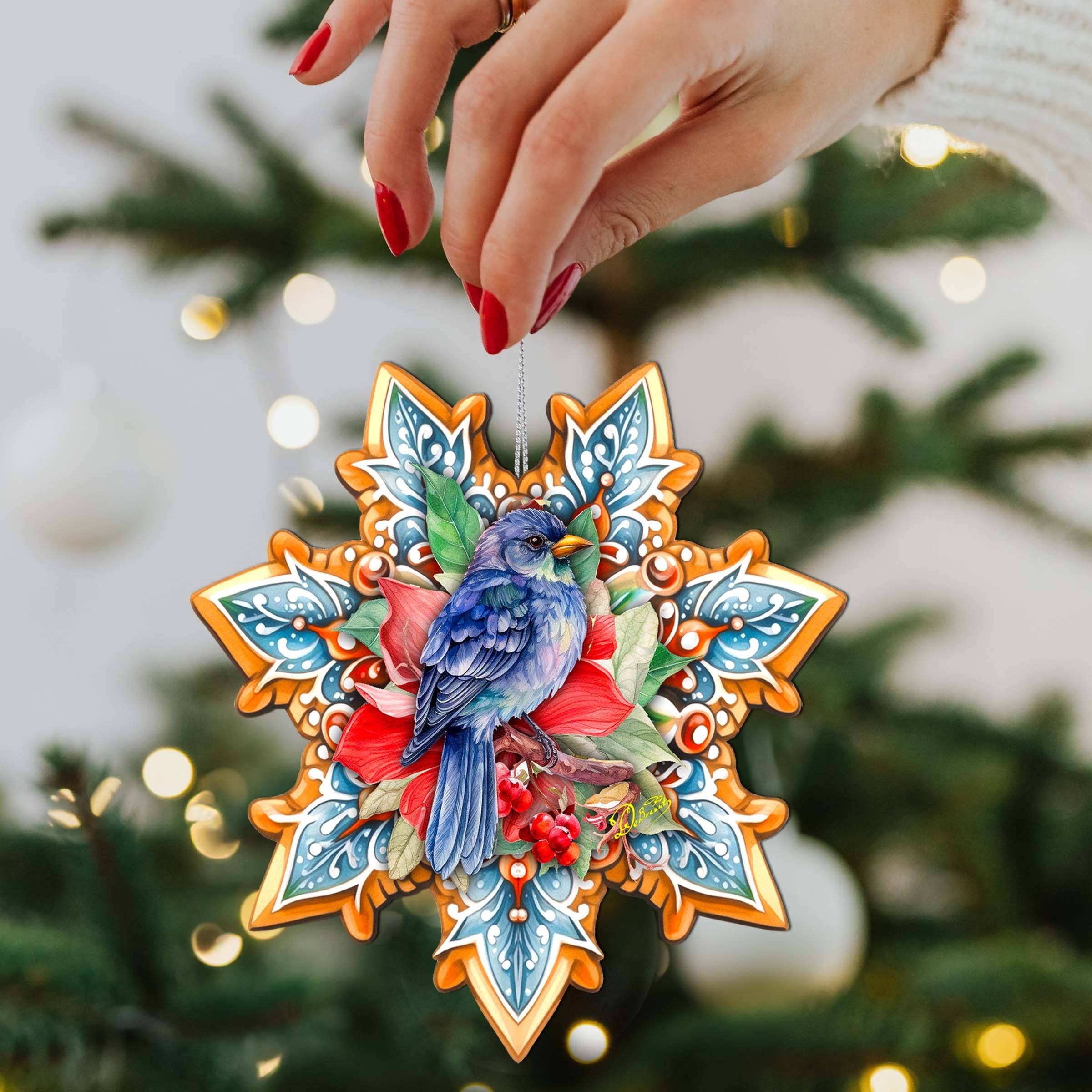 Designocracy - Wholesale Ornament - Blue Bird Snowflake Wood Ornaments GDebrekht Nature Wildlife1