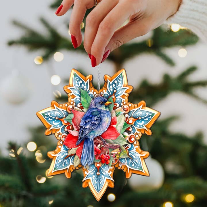 Designocracy - Wholesale Ornament - Blue Bird Snowflake Wood Ornaments GDebrekht Nature Wildlife1