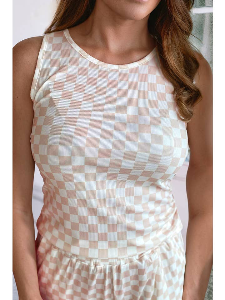 White LDC Ribbed Texture Checkered Print 2pcs Tank and Pants Set for wholesale on Faire