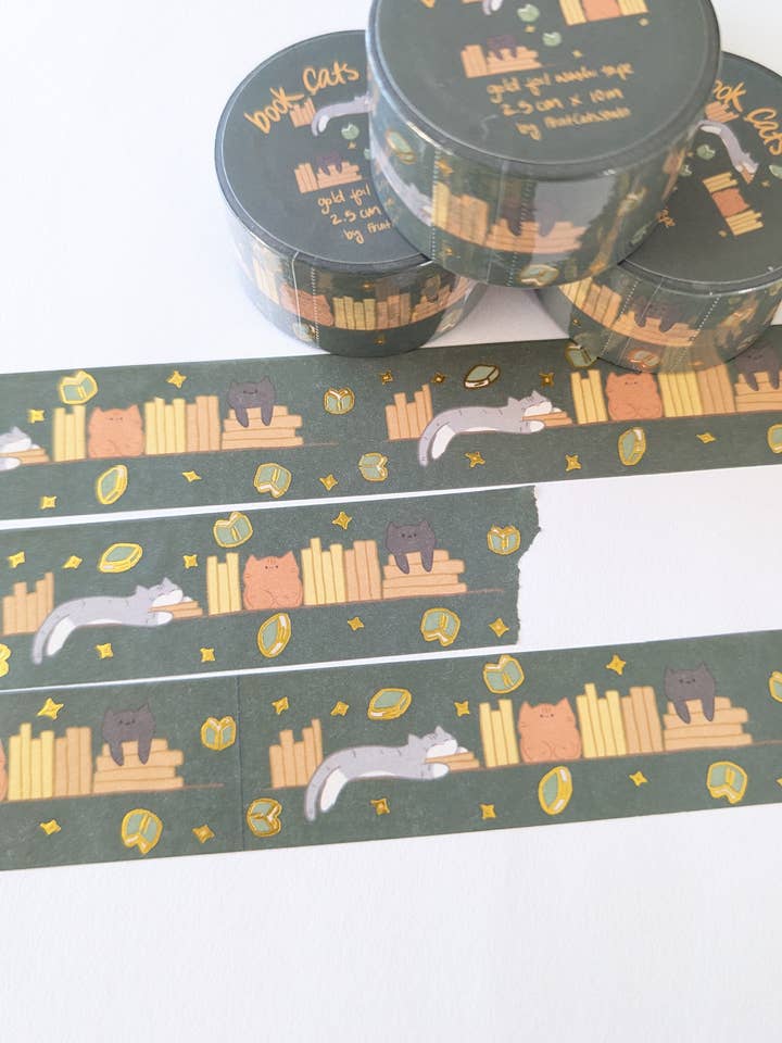 Book Cats Gold Foil Washi Tape for wholesale by Fruit Cats Studio
