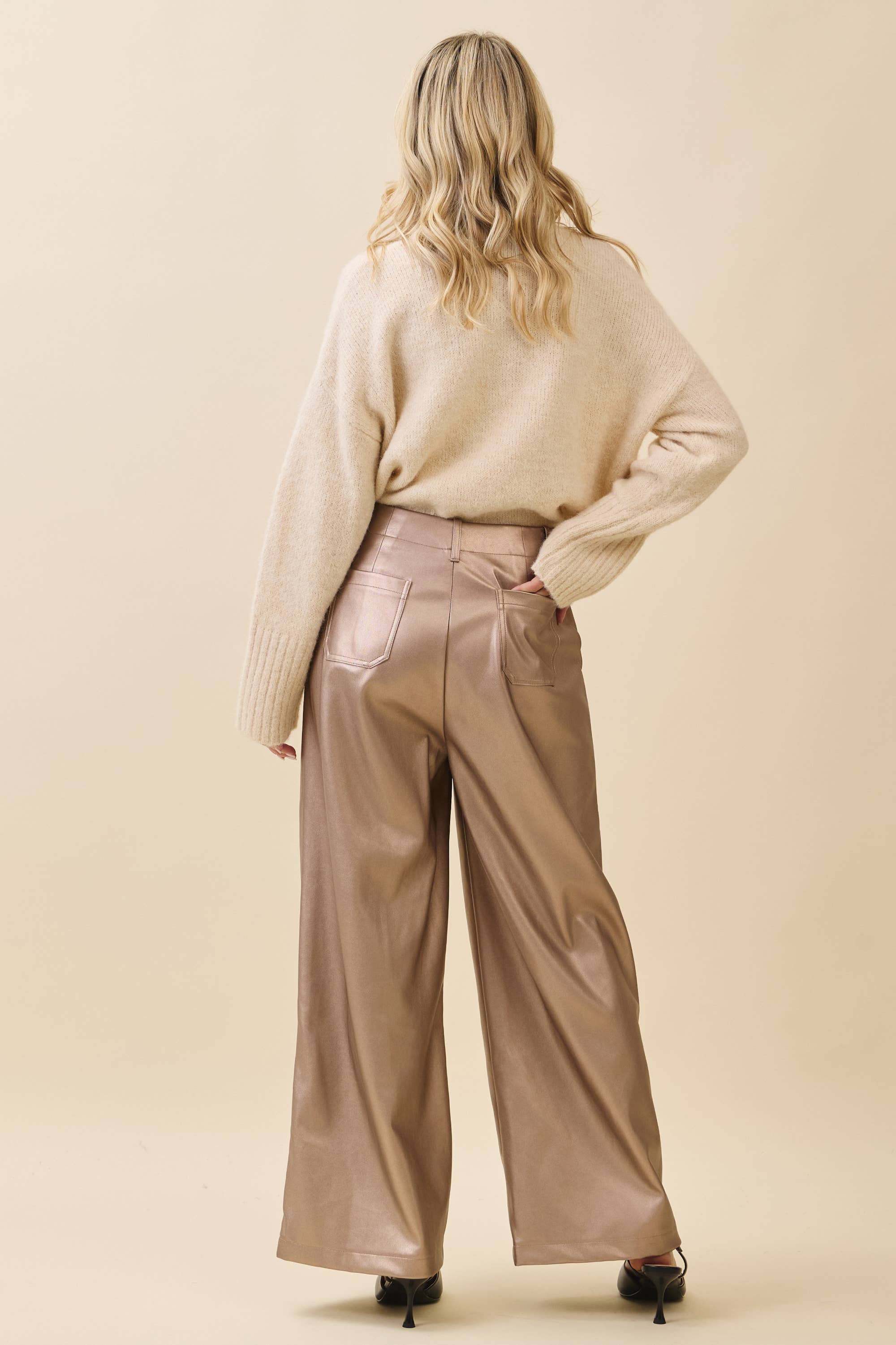GeeGee x Lovelo - Wholesale Pants - Women's - Metallic Wide-Leg Faux Leather Pants CP521995