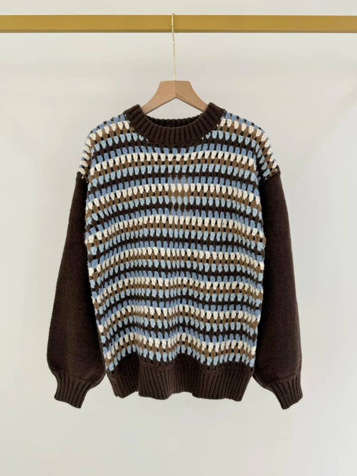 Frime - Wholesale Knit Sweater - Women's - Contrast Sleeve Crochet Sweater - 86021