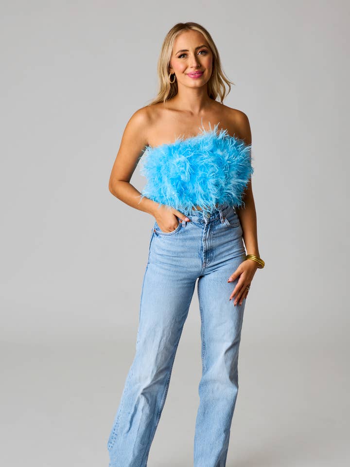 Fancy Azure Blue Strapless Feather Top for wholesale by BuddyLove
