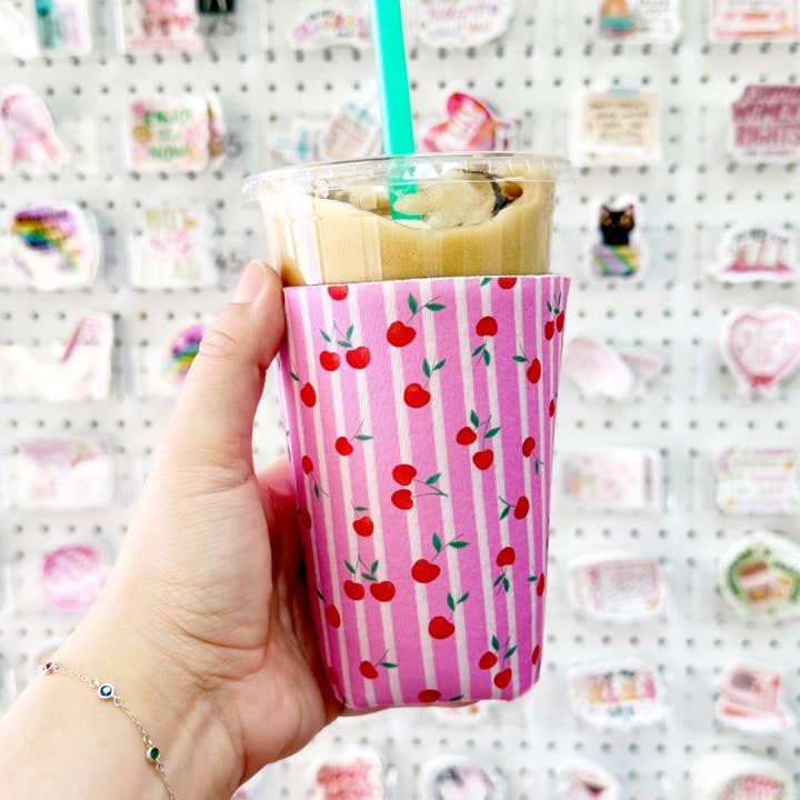 Sonny Rising - Wholesale Drink Huggers & Koozies - Iced Coffee Sleeve, Pink Stripe Cherries2