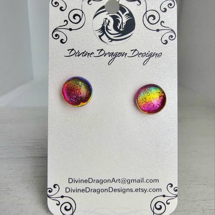 Orecchini a bottone in vetro dicroico arcobaleno per la vendita all'ingrosso da parte di Divine Dragon Designs
