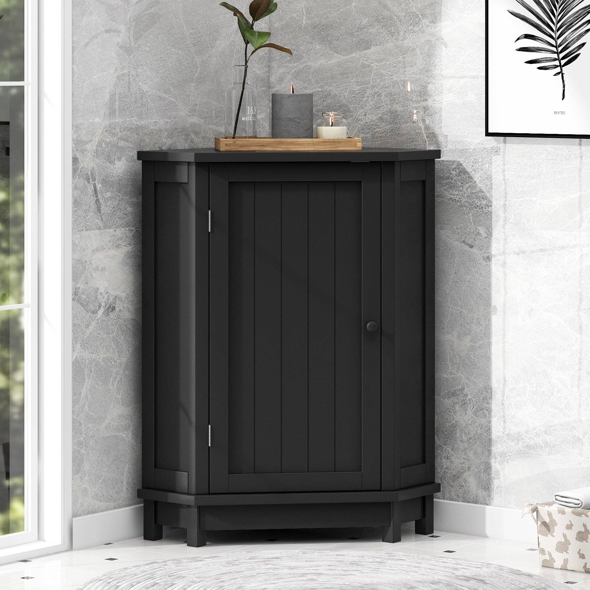 Orange County Decor - Wholesale Cabinet - Black Bathroom Cabinet Triangle Corner Storage Cabinet With Adjustable Shelf Modern Style Mdf Board Black Mdf2