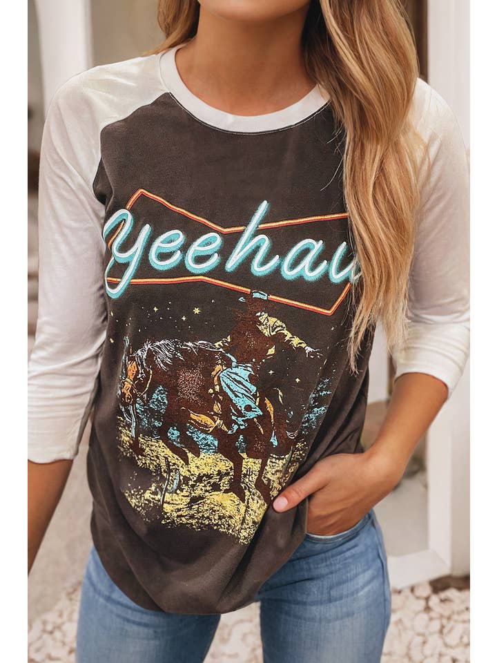 Brown LDC Western Yeehaw Graphic Vintage Raglan Long Sleeve Top for wholesale on Faire