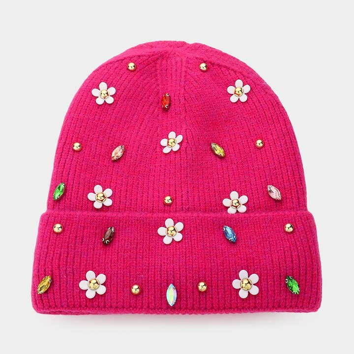 Fleece Lining Daisy Flower Embellished Solid Knit Beanie Hat for wholesale by Sensibling Corp.